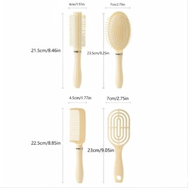 4 Piece Hair Brush Set, Paddle Brush (Detangling) + Round Brush (Styling) + Volume Brush (Fullness) + Flat Comb (Parting), Anti-Static Massage Brushes for All Hair Types, for Women, Men, Children