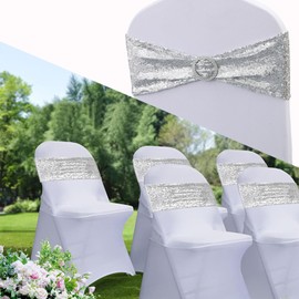 WENSINL All Sequin Silver Chair Sashes 50 Pack, Sequin Chair Sashes Bows for Wedding Party Folding Chairs Decorations, Silver Chair Sash Bands with Buckles for Fiestas Decor