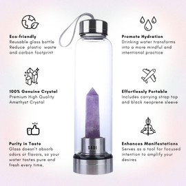 SAOI Crystal Water Bottle - Amethyst - Natural Wellness Healing - Glass/Stainless Steel
