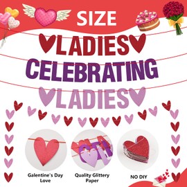 Arosche Galentines Day Decorations Ladies Celebrating Ladies Banner Pre-Assembled Glitter Valentines Hearts Hanging Banners Girls Welcome Sign Galentines Day Party Decorations for Mantle,Porch