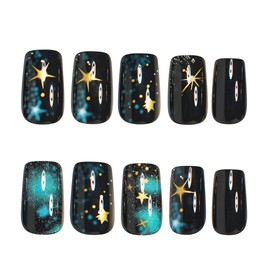 MERVF Square Press on Nails Medium Fake Nails Black Sky Glue ons Star Design Squoval Acrylic DIY Manicure Nail Supplies Art 24pcs Glossy
