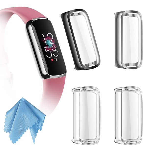Fintie 4-Pack Screen Protector Case Compatible with Fitbit Luxe, Soft TPU Full Protective Screen Cover Saver Bumper, Black, Silver, 2*Clear