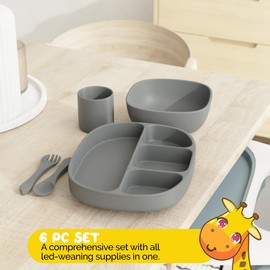 Muqee Peeko Baby Feeding Set, 6 Piece - Pebble Gray - Includes Suction Bowl, Plate, Silicone Bib, Spoon, Fork for Toddlers & Kids Dinnerware