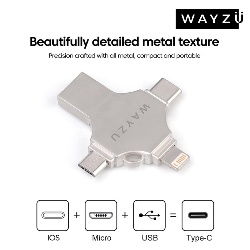 Wayzu 4-in-1 USB Flash Drive, Multi-Device Compatible, Type-C/Lightning/Micro-USB/USB-A, Portable Storage