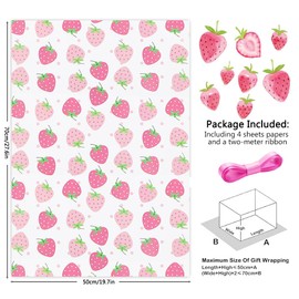 Strawberry Gift Wrapping Paper and Ribbon Set -Pretty Red and Pink Strawberries Flat Sheets (30"x20" Per Sheet, 4-Sheets, 1-Designs: 15 sq. ft. ttl)-Cutie Fruity Design For Girls Kids Baby Shower, Christmas Holiday Summer Gift Wrap Berry Sweet One 1st Bi