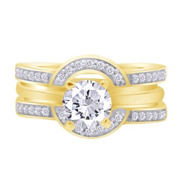 AFFY 0.42 Carat Round White Cubic Zirconia 14K Yellow Gold Over Sterling Silver Solitaire Enhancer Guard Ring Size-6
