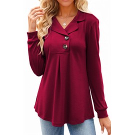 Newchoice Women Fall Long Sleeve Shirts Tops，Casual Winter Clothing Collar V Neck Tunics Or Tops To Wear With Leggings(Berry Red.M)