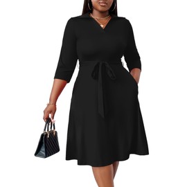 FANDEE Plus Size Midi Dress for Women - Printing Summer Dresses for Wedding Guest Cocktail Party 3/4 Sleeve V Neck Black 2XL