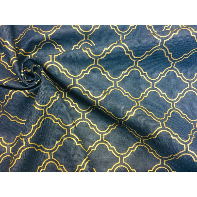 Gold Moroccan Arabic Damask Fabric Navy Blue Curtain Upholstery -