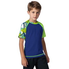 ANGEL CITIZ Boys' Short-Sleeved Crew Neck Swimming Shirt UV Children's Rash Guard UPF 50+ Swimming Shirt Children 125-155, 01-dark blue print