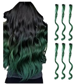 Clip In Curly Hair Extension Highlights, Hair Streaks, Long Curly Hair Highlights (Dark Green x 6)
