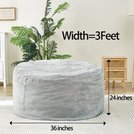 36 Inches/3 Feet Bean Bag Chair with Memory Foam Filler for Adults and Kids, Ultra Soft Light Gray Corduroy Cover, Living Room Use, Comfortable Wrap（Corduroy 3 feet）