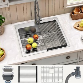 SYNTHACY Drop In Kitchen Sink 25 x 22 x 10in, Stainless Steel 304 Silver Single Bowl Handmade Top Mount Countertop Sink w/Grid, Square Drain, Foldable Roller for Workstation, Home Kitchen, Bar, RV