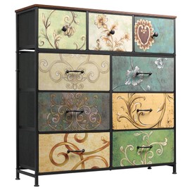 WLIVE 9-Drawer Dresser, Fabric Storage Tower for Bedroom, Hallway, Entryway, Closet, Tall Chest Organizer Unit with Fabric Bins, Steel Frame, Wood Top, Easy Pull Handle, Floral Painted