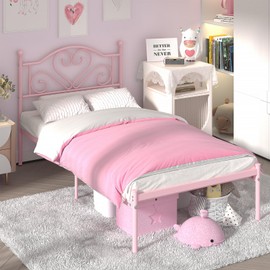 Weehom Twin Bed Frames with Headboard, Heavy Duty Metal Platform Under Bed Storage Space Easy Assembly for Kids Girls Adults, Pink