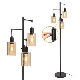 Liylan Farmhouse Floor Lamp, Dimmable Floor Lamp for Living Room, Rustic 3 Lights Oil Rubbed Bronze Tree Standing lamp, Vintage Tall Pole Lamp with Amber Glass Shade