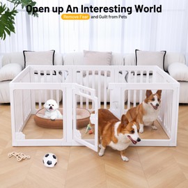 BUMUBI Dog Playpen Fence Clear Acrylic Pet Puppy Foldable Kennel for Small Dogs Plastic Puppy Enclosure for Cat Rabbit Indoor Whelping Box for Dogs with Gate (7 HDPE Panels+3 Transparent Panels)