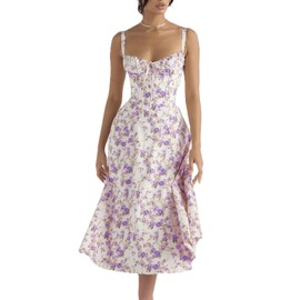 Mars power Women's Corset Dresses Floral Print Boho Flowy Slit Dress Midi Beach Casual Sundress Vacation Outfits (White Purple Floral,L)