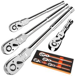 PRIDE&CRAFT 4-Piece Flex Head Ratchet Set, 1/4", 3/8", 1/2" Drive, 3/8" Stubby, 72-Tooth, Socket Wrench Quick Release Reversible Design, Swivel Head Ratchet, Chrome Alloy Made, EVA Organizer