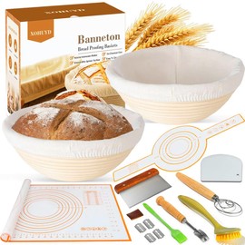 Banneton Bread Proofing Basket, XOHUYD Sourdough Bread Baking Supplies, 9" Round Sourdough Starter Kit, Bread Baking Supplies with Bread Sling, Baking Mat, Natural Rattan Proofing Baskets Set of 2