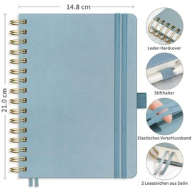 RETTACY Notebook A5 Lined Bullet Journal with 100 g/m² Thick Paper, 150 Sheets/300 Numbered Pages, College Pad for Office and School, Leather Cover, Grey/Blue, 14.8 cm x 21 cm
