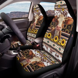STUOARTE Cow Sunflower Aztec Printed Car Seat Covers Waterproof, Full Wrap Bucket Front Car Seat Covers, Easy to Install Auto Seat Protector Airbag Compatible, Universal Fit Cars, Truck, SUV, Van