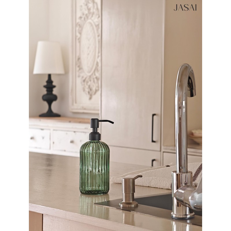 JASAI 18Oz Green Glass Soap Dispenser with Black Rust Proof