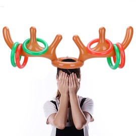 Inflatable Reindeer Antler Game, 7 PCS Christmas Party Toss Game Set, 1 Antler, 6 Inflatable Rings for Kids Adults Family Xmas Fun Games