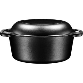 Bruntmor Pre-Seasoned Cast Iron Double Dutch Oven with Skillet Lid - 7 Quart All-in-One Casserole and Braising Pan - Heavy Duty and Oven Safe Black Cookware for Versatile Cooking - 14.7 x 6.9 Inches