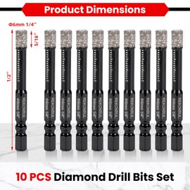 REKCKRUL 10-Pack 1/4 Inch Diamond Drill Bits Set, Diamond Hole Saw – 1/4 Hex Shank Core Drill Bits for Ceramic, Tile, Glass, Granite, Marble, Brick & Stone, 6mm