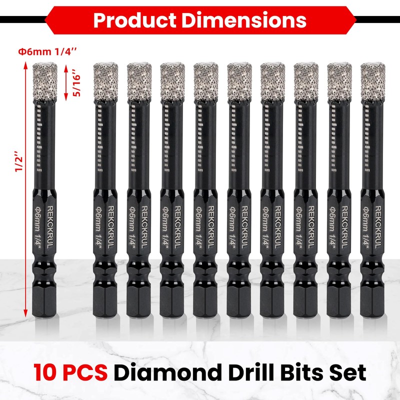 REKCKRUL 10-Pack 1/4 Inch Diamond Drill Bits Set, Diamond Hole