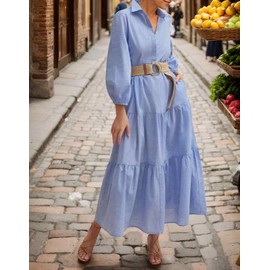 Women's Summer Maxi Dress Casual Button Up Cotton Linen Dress Smocked Flowy Tiered Long Beach Sun Dresses