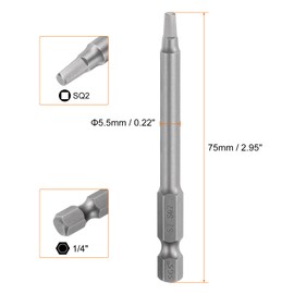 sourcing map Square Screwdriver Bit SQ2 1/4" Hex Shank 75mm/3" Length Magnetic 4 Point Hex Bits S2 Steel Industrial Grade Electric Screw Driver Bit 5.5mm Rod