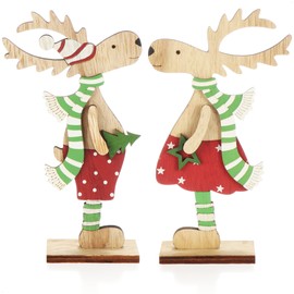com-four® 2 x Decorative Stand for Christmas, Reindeer Made of Wood for Standing, Christmas Stand for Decorating and Gifting (XL Reindeer - Red + Green)