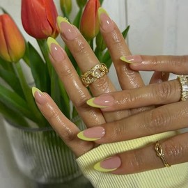 SXVME 30 uñas postizas francesas de color verde neón, cortas, almendradas, acrílicas, con pegamento para mujeres, stiletto natural, 15 tamaños.