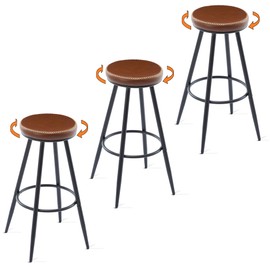 FIRAVOE Swivel Bar Stools Set of 3, Modern 28" Counter Height Bar Stools for Kitchen Island, Brown Faux Leather Backless Counter Stools (Brown, 3 PCS 28'' Height)