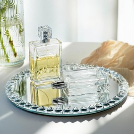 kanpura Crystal Perfume Tray Mirror Glass Makeup Vanity Organizer Jewelry Trinket Display Mirrored Decorative Tray for Bathroom Bedroom, Home Decor, Hotel Banquet, Party(Round 10 inch) (Silver)