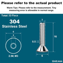 Drenky Pack of 50 M3 x 16 mm Countersunk Screws Stainless Steel V2A VA A2 Countersunk Head Screws DIN 7991 / ISO 10642 Threaded Screws Rustproof Silver Socket Screws Metric Standard Thread