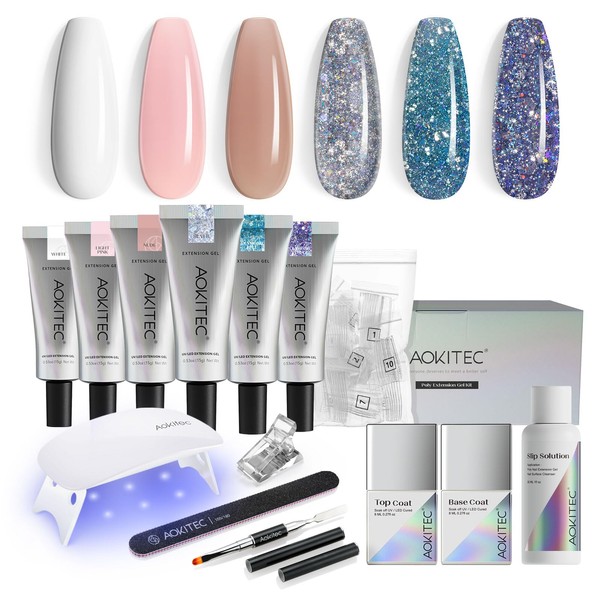 Aokitec Poly Nail Gel Kit With Mini LED Nail Lamp Nail Enhancement All-in-1 Beginner Portable Kit 6Color For DIY Lover Basic Nail Art Tools Full Manicure Starter Kit Gift