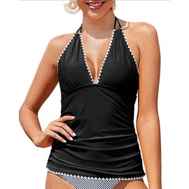 Yonique Women's Halter Tankini Top No Bottom V Neck Swim Top Tummy Control Bathing Suit Top Black 02 M