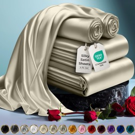 DECOLURE Satin Bed Sheets - 4 Piece Luxury Silky Twin Size Bedding Set - Softer Than Silk, Wrinkle-Free with 15” Deep Pocket Fitted Sheet, Perfect for Hair & Skin, Gifts for Women (Taupe)