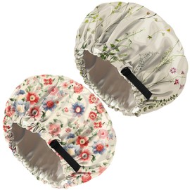 Zewurtuw 2PCS Satin Hair Bonnet Silk Bonnet for Sleeping Double Layer Reusable Elastic Adjustable Hair Caps Cute Women Girls-Floral