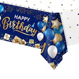 Happy Birthday Decorations, 1 Pcs Navy Blue and Gold Birthday Tablecloth for Boys Girls Men Women, Plastic Disposable Rectangle Table Cover for Birthday Party Supplies- 54" x 108"