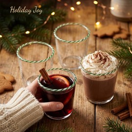 Gusto Buono Holiday Drinking Glasses Set of 4, 13 oz Borosilicate Old Fashioned Lowball Tumblers, Green & White Candy Cane Rim, Vintage Cocktail Glassware, Dishwasher & Microwave Safe