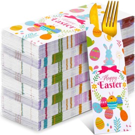 Ireer 100 Pcs Easter Silverware Bags Disposable Paper Cutlery Utensil Holder Easter Bunny Egg Silverware Sleeves Easter Silverware Holders for Wedding Easter Holiday Party Table Supplies Decoration