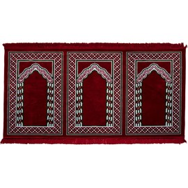Modefa Turkish Islamic Prayer Rug - Wide Plush Velvet Praying Mat - Multi Person Muslim Janamaz Sajada for Family or Large Gathering & Group Praying Carpet - Floral Arch - 3 Person (Red)