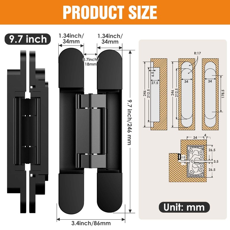 Lipshome 9.7" Hidden Door Hinge/Concealed Hinges,Invisible Hinges,Invisible Door Silent 180