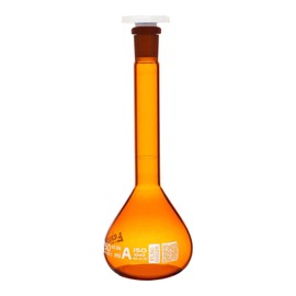 Eisco Amber Volumetric Flask, 50mL - Class A - Borosilicate Glass, Polyethylene Stopper, 12/21 Socket - QR Code Marking for Calibration Certificate