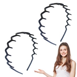 2 Pcs 90s Zig Zag Headband, Plastic Hairbands with Sharks Comb, Non-Slip Wavy Elastic Headbands for Women Men Girls, Unisex Hair Accessories (Black)