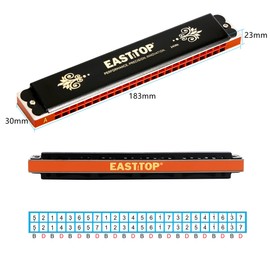 EAST TOP Harmonica Double Tone Tremolo Harmonica A3 24 Hole Expert Stainless Steel Leather Case Clean Cloth High Airtight for Beginners and Advanced Students (T2406K-A)
